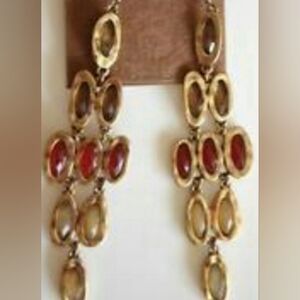 Lucky Brand Semi Precious Red Jade Stone 3-3/4 "  Drop Earrings Goldtone Accent
